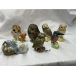 BESWICK FIGURES OF A KINGFISHER, OLD MR BROWN FROM BEATRIX POTTER, A POOLE OWL,