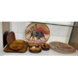 POTTERY SLIPWARE AND PAIR OF PAINTED PLAQUES