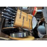 BOX OF KITCHENALIA INCLUDING KNIFE BLOCK, UTENSILS,