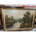 OIL ON CANVAS A COTTAGE IN MOUNTAIN LANDSCAPE IN GILT FRAME