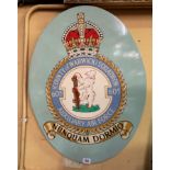 OVAL WOODEN PAINTED SQUADRON PLAQUE COUNTY OF WARWICK 605 AUXILIARY AIR FORCE 60CM X 46CM APPROX