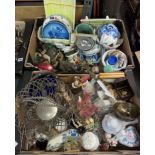 TWO CARTONS - WIRE WORK CAKE BASKET, ROYAL COPENHAGEN PLATES, RESIN MOULDED ANIMAL FIGURE GROUPS,