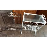 MESH AND METALWORK MAGAZINE RACK AND A WROUGHT IRON AND GLASS SMALL TABLE