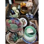 TWO BOXES CONTAINING VARIOUS DECORATIVE PLATES, CARNIVAL GLASS DISH, OWL, WEST GERMAN POTTERY VASE,