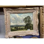 ROBERT T MUMFORD OIL ON BOARD ENTITLED 'LANDSCAPE' EXHIBITED 1895 - 1939 IN ORNATE FRAME 37CM X