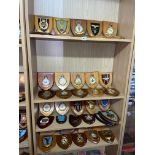 FOUR SHELVES OF SHIELD SHAPED RAF SQUADRON INSIGNIA PLAQUES