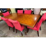 SPANISH INFLUENCE WALNUT AND PARQUETRY TOPPED OBLONG DINING TABLE WITH SCROLL METAL WORK STRETCHERS