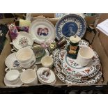 BOX OF VARIOUS CERAMICS INCLUDING COMMEMORATIVE WARE, CLADDAGH TEA CUP AND SAUCER,