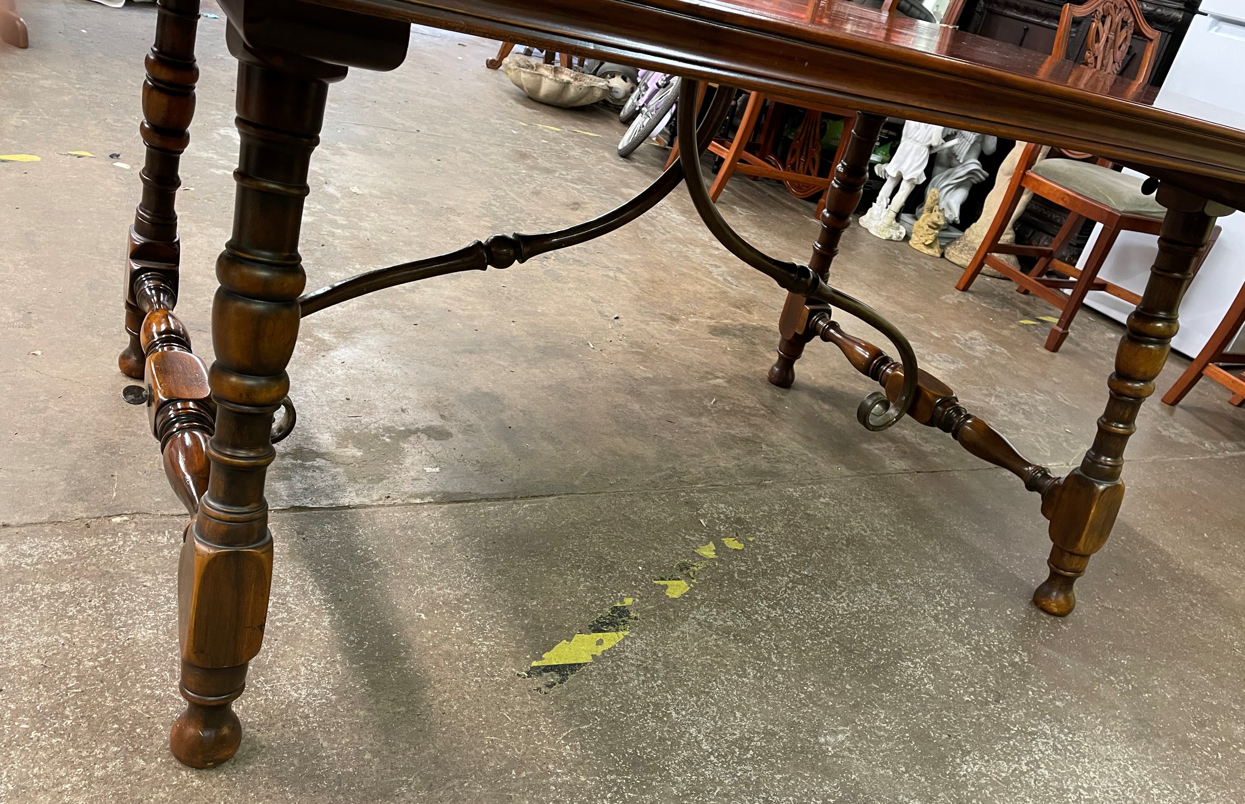 SPANISH INFLUENCE WALNUT AND PARQUETRY TOPPED OBLONG DINING TABLE WITH SCROLL METAL WORK STRETCHERS - Image 8 of 12