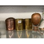 BRASS AND COPPER CANISTERS AND A CODDLER