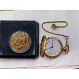 GOLDEN JUBILEE £5 COIN AND A REPRODUCTION AVIA HALF HUNTER CASED POCKET WATCH