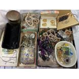 TRAY OF VARIOUS COSTUME JEWELLERY, BEADS, BROOCHES, SOME PASTE AND MARCASITE,