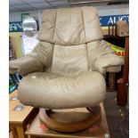 STRESSLESS MUSHROOM LEATHER SWIVEL CHAIR AND MATCHING FOOT STOOL