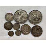 BAG OF VICTORIAN AND PRE 1920 CROWNS AND OTHER COINS