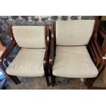 FIVE STAINED BEECH AND FABRIC UPHOLSTERED ARMCHAIRS