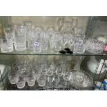CRATE OF ASSORTED PRESSED AND CUT GLASSWARE AND A SHELF INCLUDING DECANTERS, WINE GLASSES,