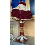 BOHEMIAM RUBY OPAQUE AND GILT PAINTED OVERLAID GLASS TABLE LAMP WITH VELVET SHADE