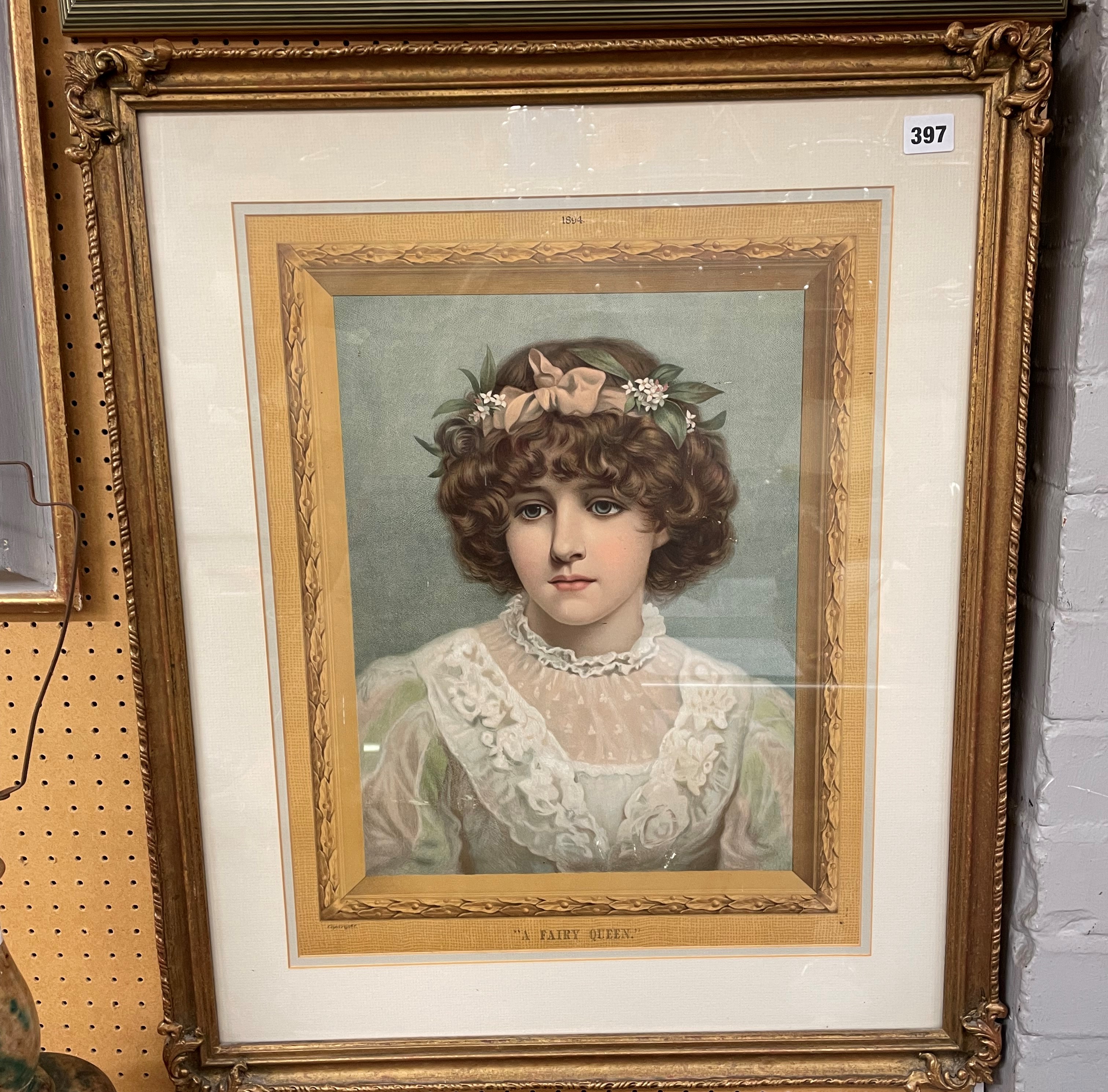 VICTORIAN LITHOGRAPHIC PRINT ENTITLED FAIRY QUEEN 1894 FRAMED AND GLAZED 40CM X 52CM APPROX