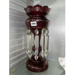 19TH CENTURY RUBY AND GILT CRENELLATED PEDESTAL LUSTRE WITH DROPPERS