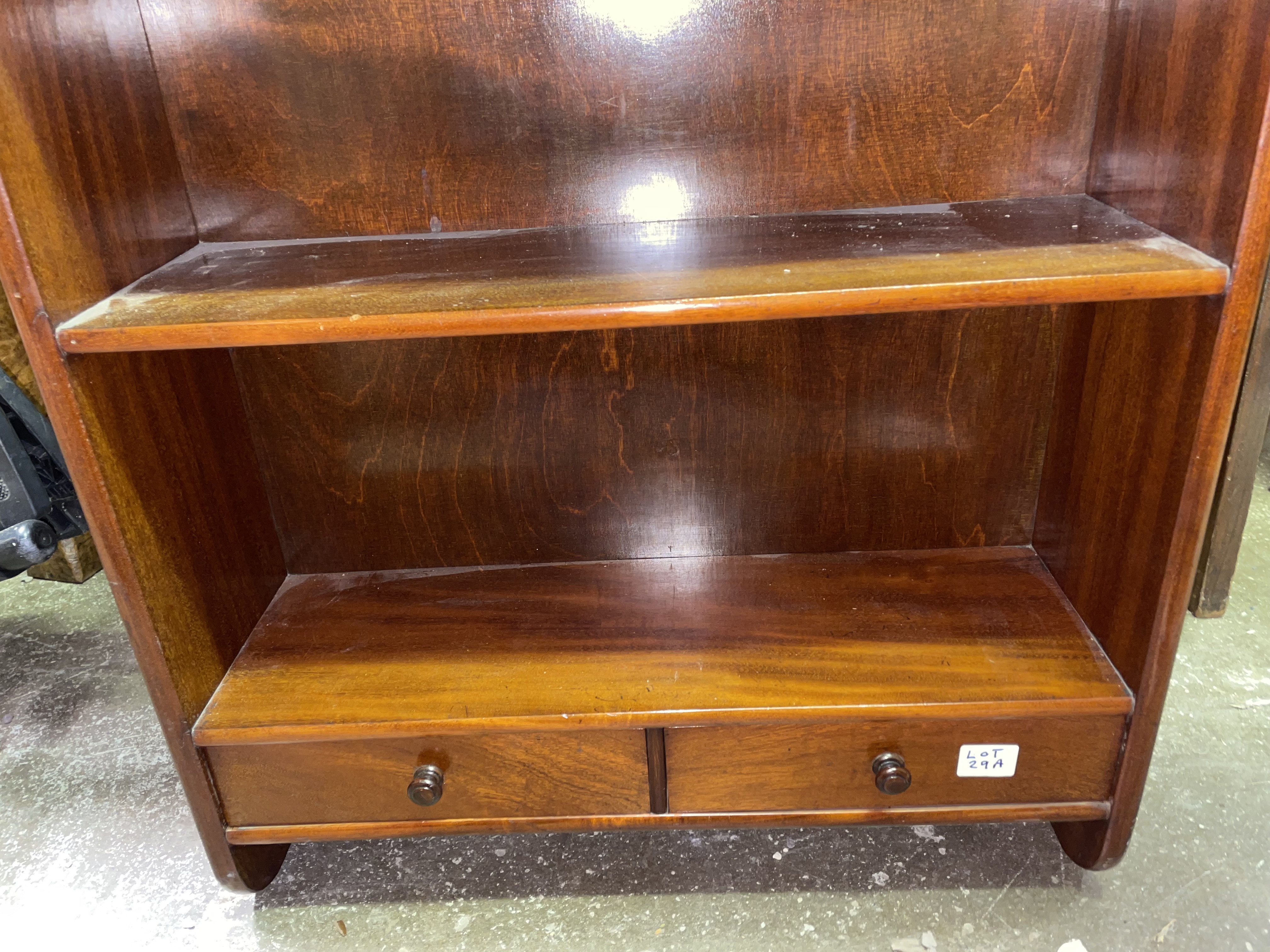 MAHOGANY HANGING SHELVES FITTED WITH TWO SHALLOW DRAWERS - Image 2 of 2