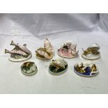 ROYAL WORCESTER COUNTRY LIFE SERIES PORCELAIN MINIATURE FIGURE GROUPS INCLUDING SALMON, SNAIL, FROG,