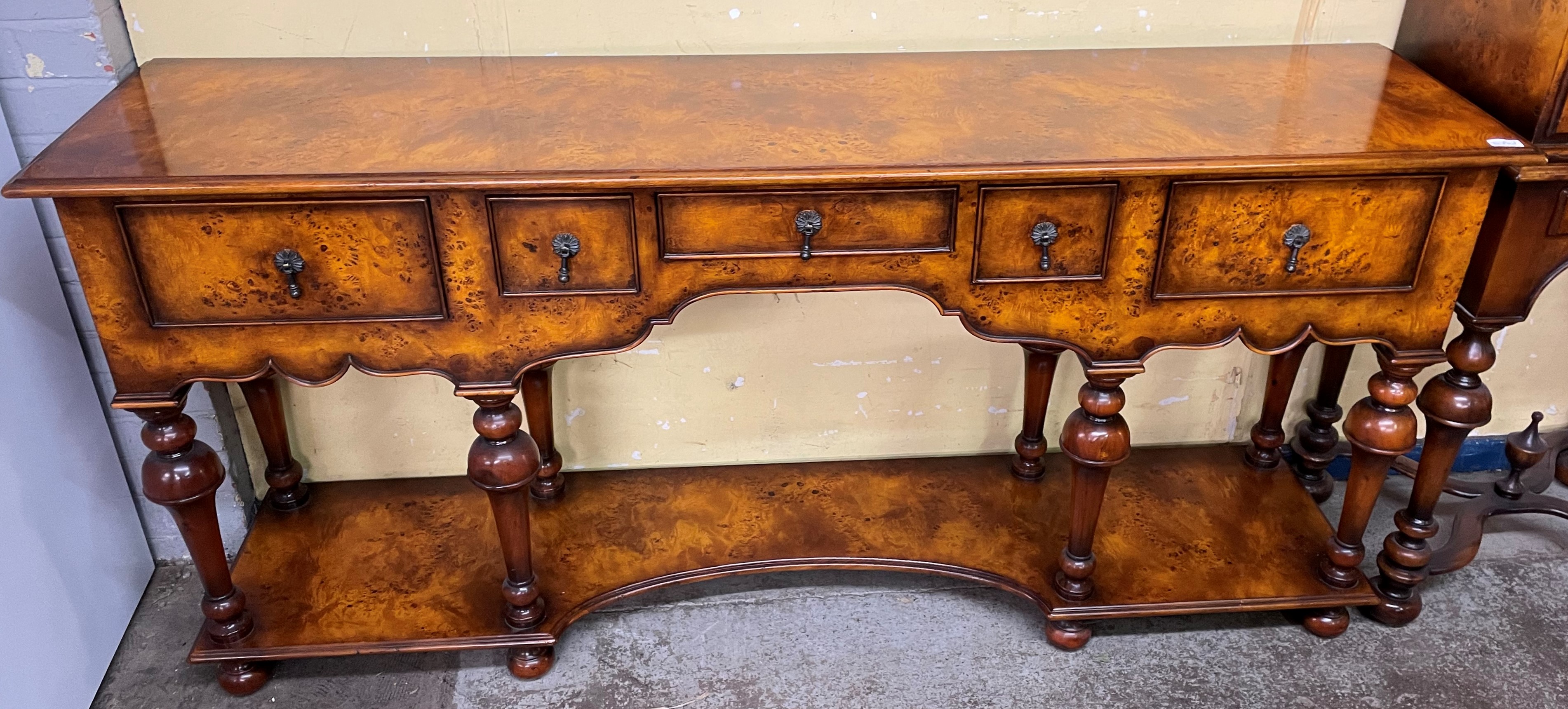 REPRODUCTION BURR WOOD WOOD WILLIAM AND MARY STYLE LONG DRESSER BASE FITTED WITH FRIEZE DRAWERS