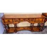 REPRODUCTION BURR WOOD WOOD WILLIAM AND MARY STYLE LONG DRESSER BASE FITTED WITH FRIEZE DRAWERS
