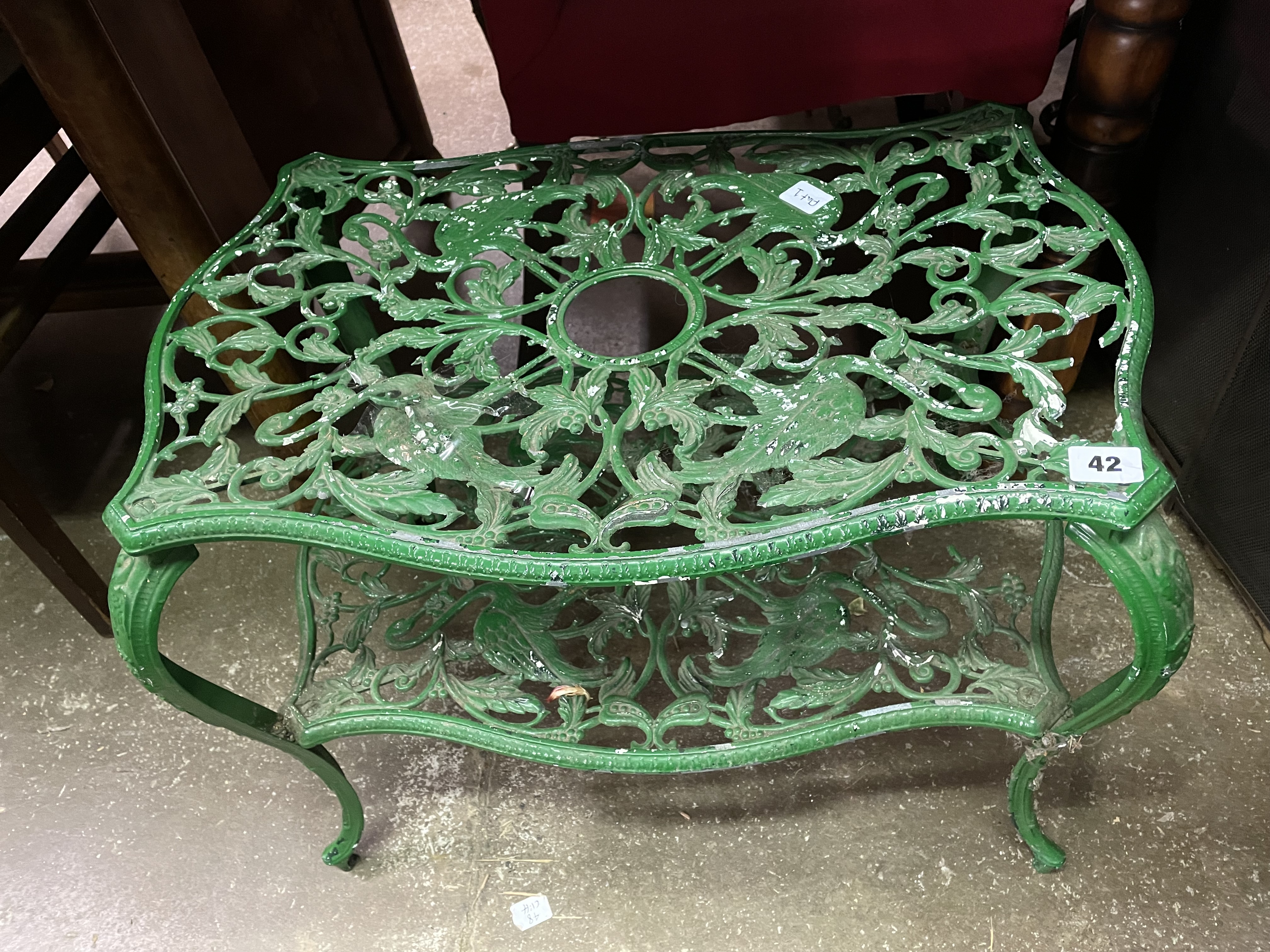 GREEN WROUGHT IRON HERON DESIGN ETAGERE TABLE