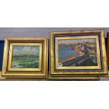 JOHN MARSHALL TWO OILS ON BOARD LANDSCAPE 28CM X 23CM APPROX AND A HARBOUR SEA SCAPE 39CM X 28CM