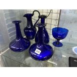 20TH CENTURY BRISTOL BLUE GLASS EWER, ONION BOTTLES,