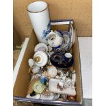 SHOE BOX OF MINIATURE PORCELAIN MAINLY LIMOGUES TO INCLUDE CABINET CUPS AND SAUCERS, BIRD FIGURES,