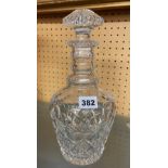 GOOD QUALITY CUT GLASS TRIPLE RING MALLET DECANTER WITH MUSHROOM STOPPER