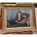 OIL ON CANVAS ENTITLED YOUNG WOMAN ON BED HANNA WEIL CIRCA 1943 IN ORNATE GILT SWEPT FRAME BY