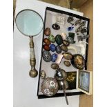 TRAY OF DECORATIVE PAPIER MACHE AND POLISHED STONE EGGS, COLLECTION OF SMALL WATERING CANS,