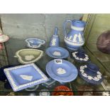 HALF SHELF OF WEDGWOOD JASPER WARES INCLUDING LOZENGE AND CIRCULAR PIN DISHES, BELL,