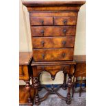 REPRODUCTION BURR WOOD WILLIAM AND MARY STYLE CHEST ON STAND HEIGHT 152CM X 67CM X 42CM APPROX