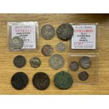 BAG CONTAINING VARIOUS COINAGE INCLUDING ROMAN COINS AND SILVER HAMMERED COINS