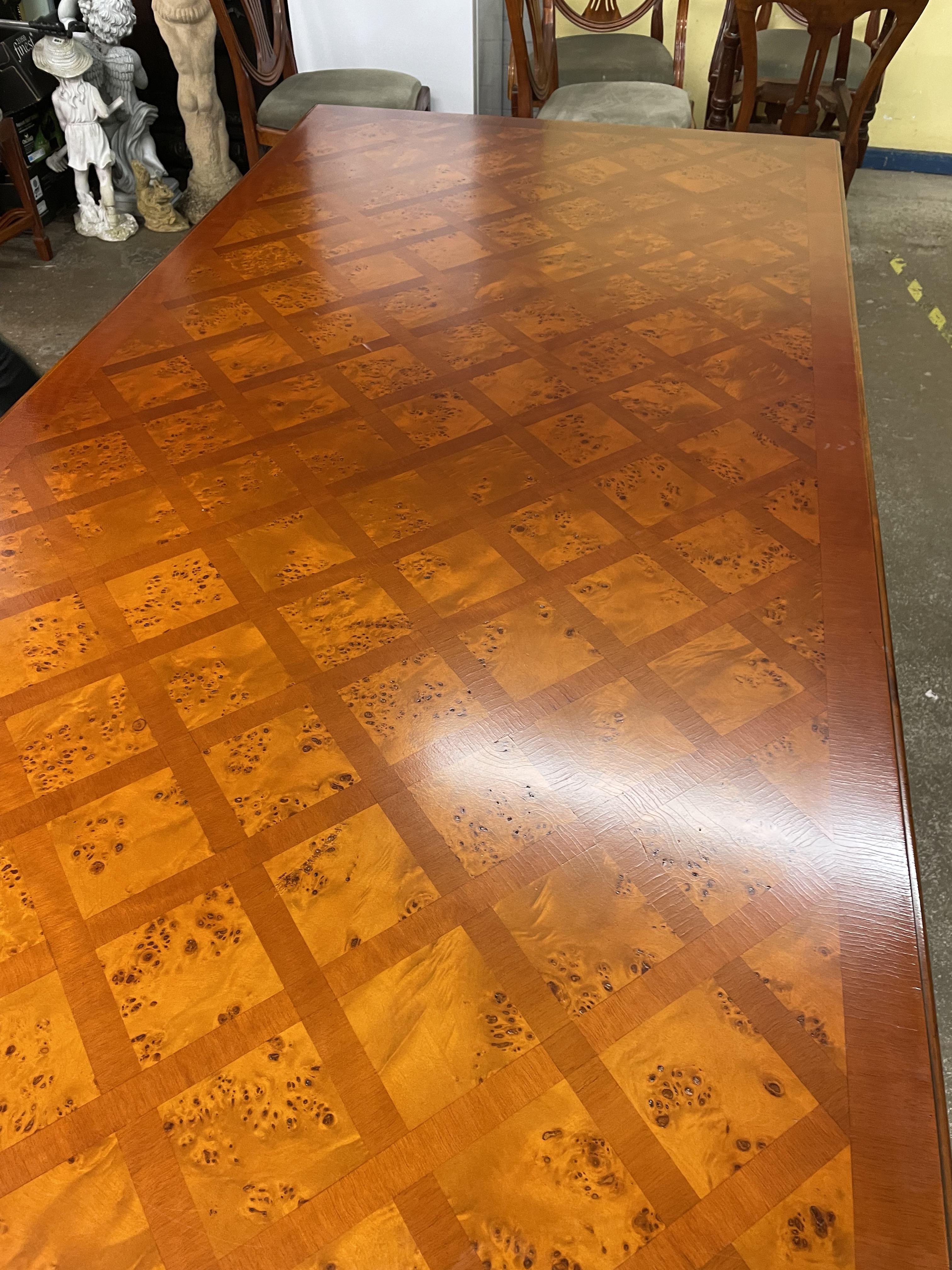 SPANISH INFLUENCE WALNUT AND PARQUETRY TOPPED OBLONG DINING TABLE WITH SCROLL METAL WORK STRETCHERS - Image 6 of 12