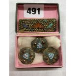 THREE CHAMPLEVE ENAMEL DECORATIVE BUTTONS,