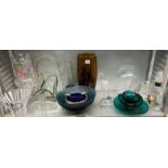 SHELF OF COLOURED AND CLEAR GLASS INC. BAYEL CRYSTAL AND ROSENTHAL, LARGE FLUTED VASES, ETC.