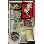 TRAY OF SILVER AND MARCASITE JEWELLERY EARRINGS AND CHAINS, MINIATURE CHARMS,