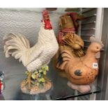 RESIN AND POTTERY HENS AND A HESSIAN MOUSE DOOR STOP