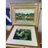 JOHN MARSHALL OIL ON CANVAS OF FRUIT PICKERS FRAMED AND A WATER COLOUR OF THE ORANGE TREE FRAMED