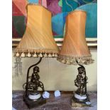 PAIR OF GILT METAL AND ALABASTER FIGURAL TABLE LAMPS WITH SHADES