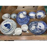 BOX - SPODE BLUE AND WHITE TABLE WARES AND AN ORIENTAL FISH DESIGN SET OF PLATES AND BOWLS
