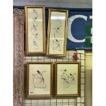 SET OF FOUR INK WATER COLOUR SKETCHES OF COSAK DANCERS SIGNATURE INDISTINCT