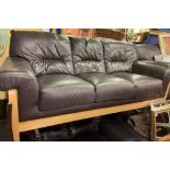 PAIR OF BROWN SOFT LEATHER OAK FRAMED THREE AND TWO SEATER SOFAS