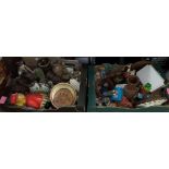 TWO CARTONS OF MISCELLANEOUS CARVED WOODEN BOWLS, VASES, RESIN MOULDED FIGURES, MURANO CLOWN,
