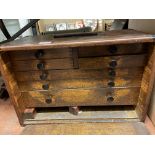 OAK CASED ENGINEERING TOOL BOX CONTAINING VARIOUS TRAYS OF CALIPERS, GAGES,