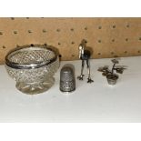 SILVER ENGRAVED THIMBLE, SILVER RIMMED GLASS TABLE SALT, SILVER STORK,
